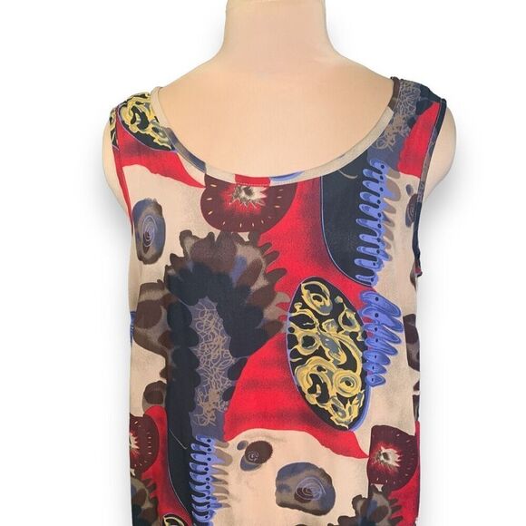 Vintage Dress Maxi Cream Red Brown Printed Abstract Art Sleeveless Scoop Neck - Picture 5 of 10